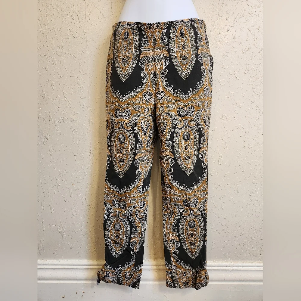 Free People Paisley Print Gray GoldCropped Tie Ankle Pants 0